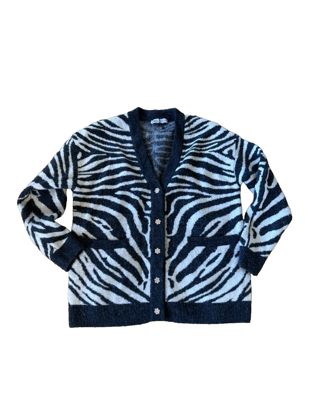 Zara Knit Cardigan Ladies Size Medium Equivalent Flower Button Zebra Pattern